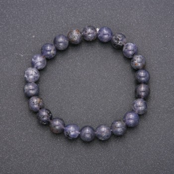 Elastic bracelet of natural iolite with a smooth bead, diameter 8(±)mm, circumference 18 cm