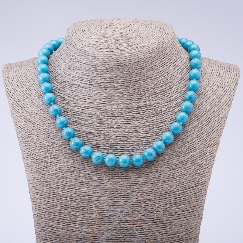 Turquoise Stone Necklace (Pressed) Blue with Veins, Glossy Bead, 10mm Diameter, 45cm Length