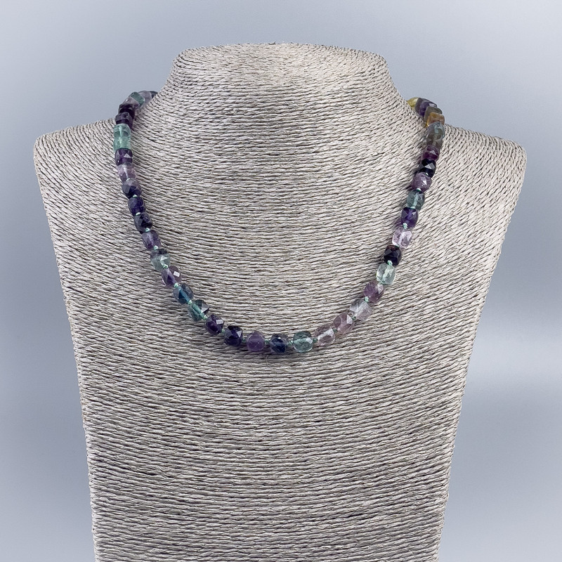 Natural fluorite necklace with faceted cube beads, 7 mm diameter, 48 cm length ±