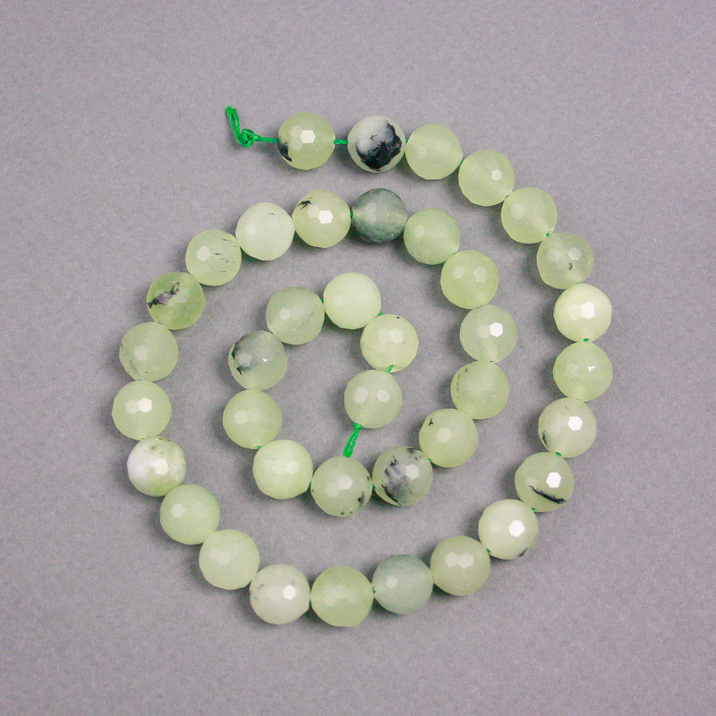 Prehnite Beads on Thread, Natural Stone, Faceted Round Beads, 10mm Diameter, 39cm Length