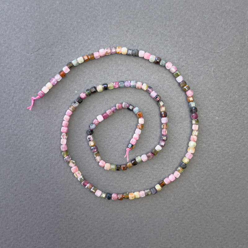 Tourmaline Assortment Beads on Thread, Natural Stone Cubes, Diameter 2.8x2.8 mm, Length 40 cm+