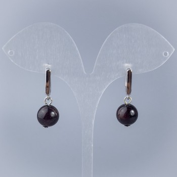 Garnet Earrings, Smooth Ball, Diameter 8.5 mm, English Clasp, Length 28 mm+