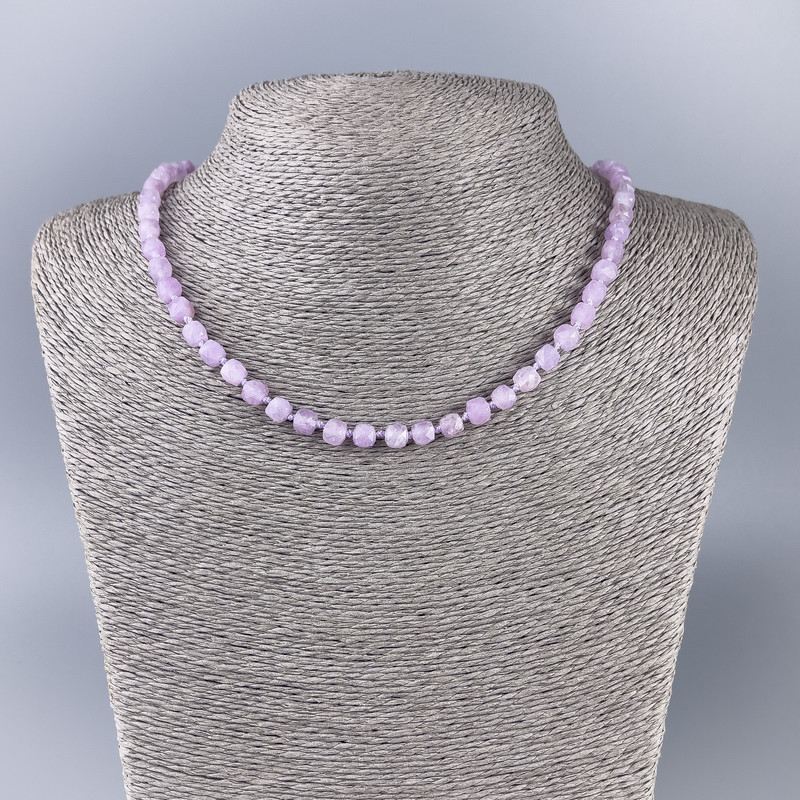 Kunzite Necklace, natural stone, faceted cube beads, 6x6 mm, length 50 cm