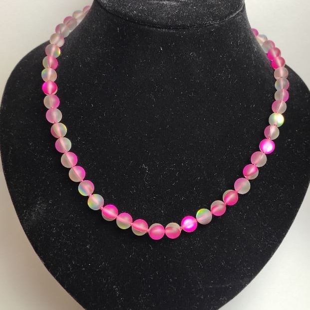 Opal Glass Raspberry Chameleon Necklace, smooth bead, diameter about 8 mm, length 49 cm