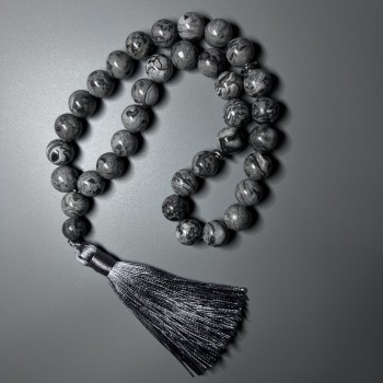 Gray Ocean Jasper prayer beads (synthetic acrylic) smooth beads, 12 mm diameter, 33 beads, with metal inserts