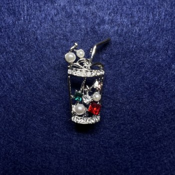 Brooch Cocktail with Multicolored Rhinestones and Beads, Silver-Tone Metal 15x35mm