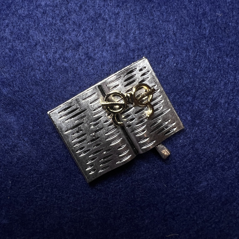 Brooch 'Book with Glasses' gray and gold enamel, silver-colored metal 35x26mm