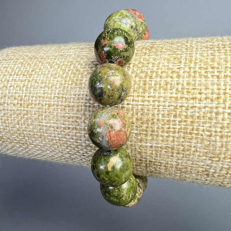 Heliotrope Jasper Bracelet with Natural Stone, Smooth Beads, 12.5 mm Diameter, 18 cm Length (Stretch)