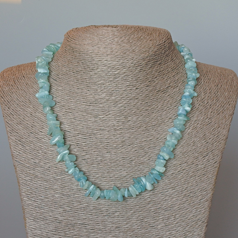 Necklace Aquamarine natural gemstone chips, diameter 9x4 mm ±, 47 cm length