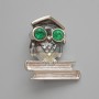 Owl brooch pendant with gray enamel, green crystals, silver metal 33×37 mm