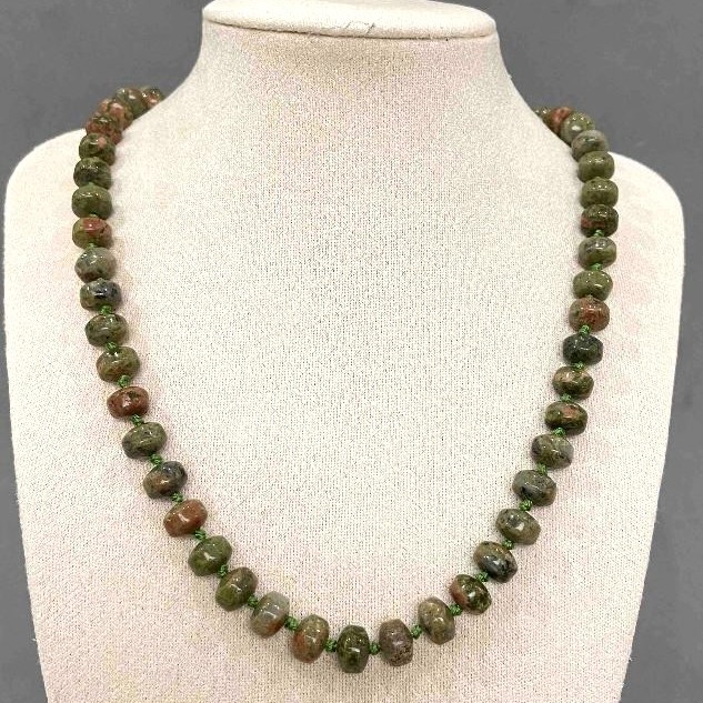 Heliotrope Jasper Necklace, natural stone, smooth rondels, 9x7 mm, length 48 cm