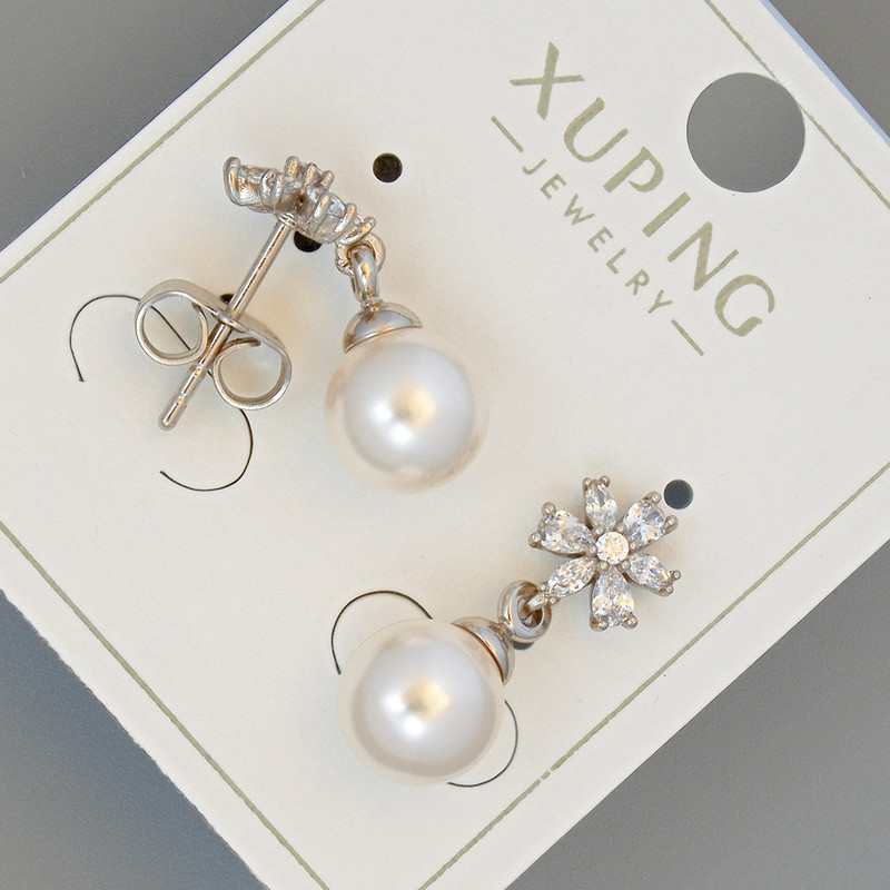 Xuping stud earrings with white crystals and a bead, diameter 8 mm, length 20 mm, rhodium-plated