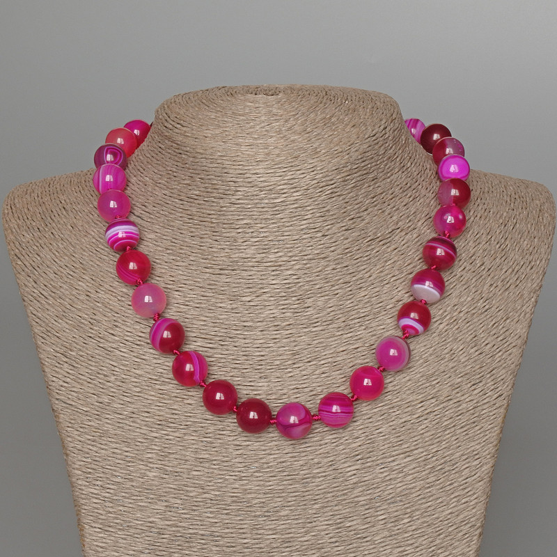 Raspberry Agate Necklace, natural stone, smooth bead, 12 mm diameter, 47 cm length