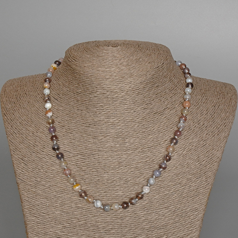 Botswana Agate Necklace with Natural Stone, Smooth Bead, 6mm Diameter, 47cm Length
