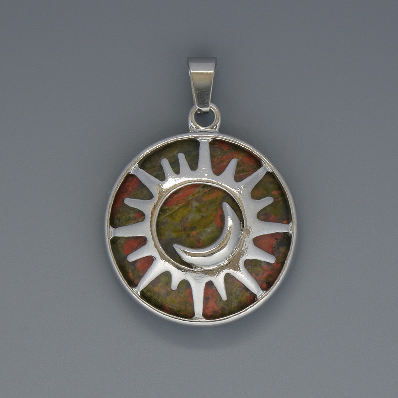 Pendant Sun Heliotrope Jasper, diameter 27 mm ±, length 37 mm ±, in a silver setting