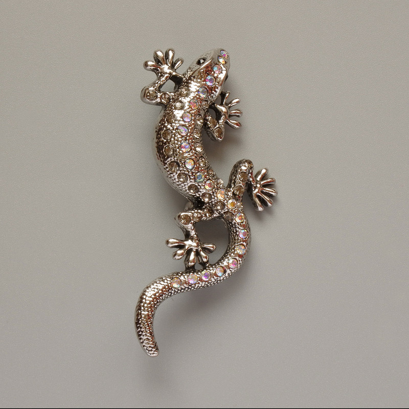 Lizard Brooch with Pink Chameleon Crystals, Silver Metal, 29x63mm