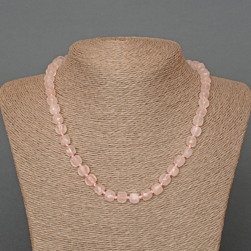 Pink Quartz Necklace, natural stone, faceted cube beads, diameter 7 mm, length 48 cm