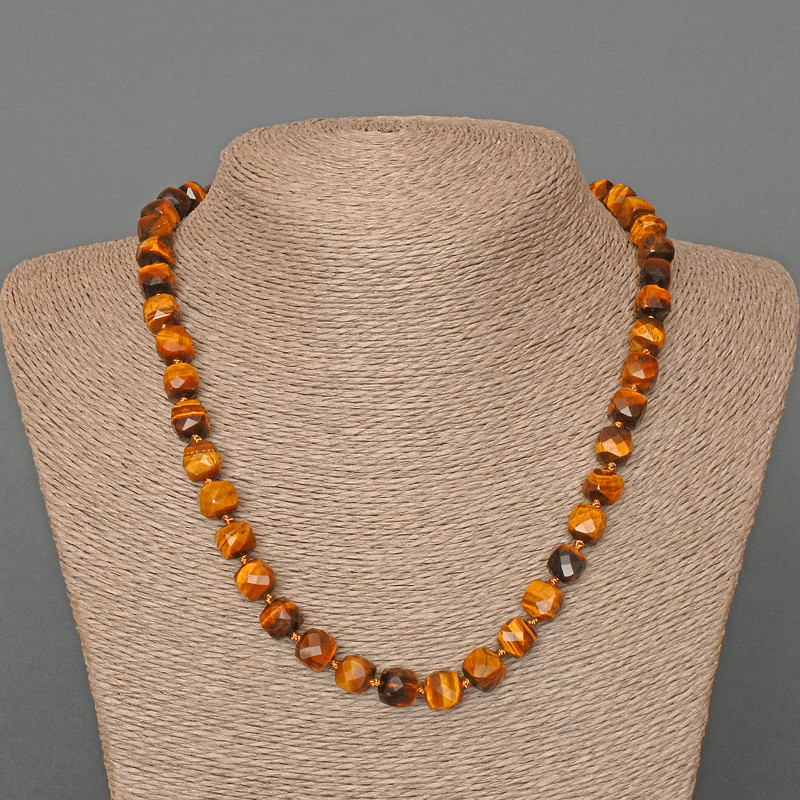 Beaded Tiger's Eye necklace with natural faceted cube stones, 9 mm diameter ±, length 50 cm+