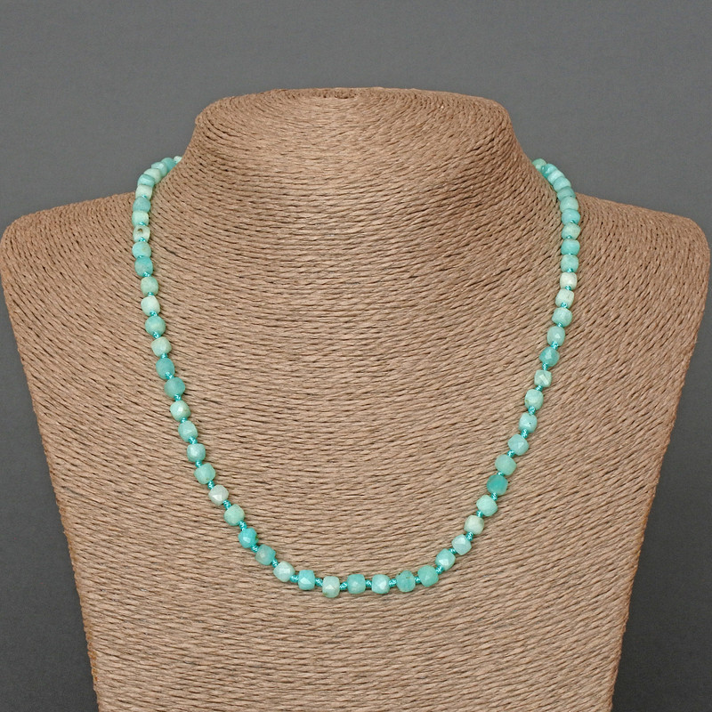 Amazonite Bead Necklace, Natural Stone, Faceted Cubes, Diameter 4-5 mm, Length 49 cm