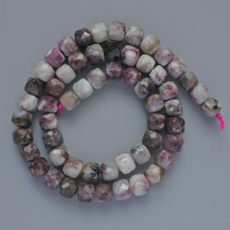 Tourmaline beads, natural stone, faceted cube-cut, 7mm diameter, 39cm long on a cord