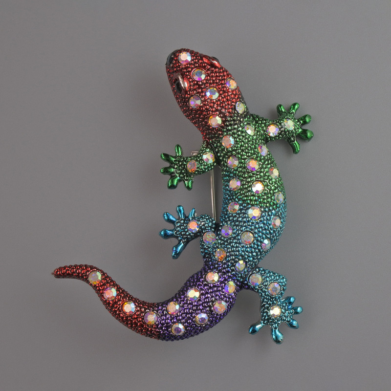 Lizard multicolor enamel brooch pendant with pink crystals, silver-tone metal 54x46mm