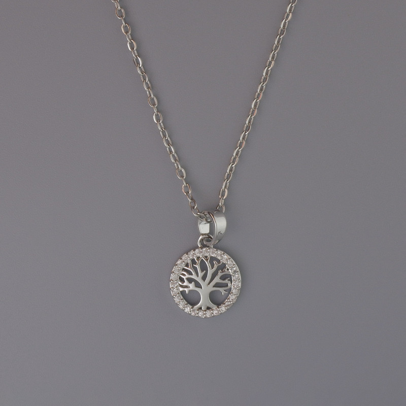Pendant 'Tree' on a chain, silver-toned metal, diameter 11 mm, thickness 1 mm + -, length 40–45 cm +