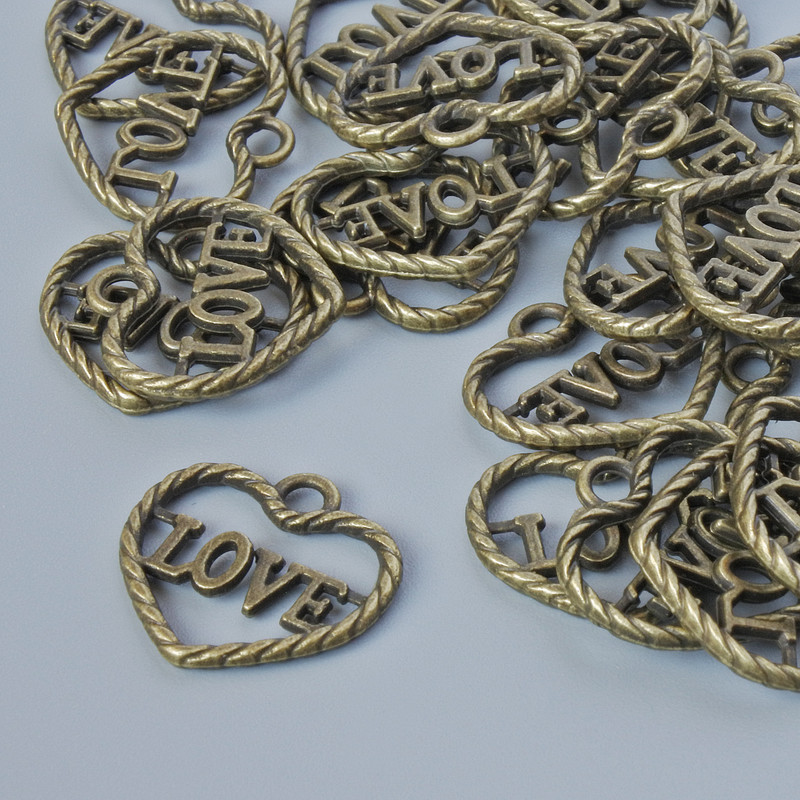 Heart-shaped Pendant Hardware, dimensions 13.5×14.5 mm, hole diameter 1.9 mm, pack 28 pcs ±, bronze-colored metal