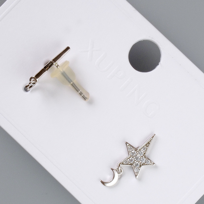 Earrings 'Star and Moon' Xuping with white crystals, diameter 12×9.5 mm, length 18 mm +- without a clasp, Rhodium-plated