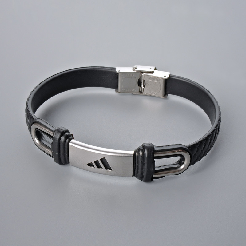 Men's bracelet with metal inserts, length 21 cm, thickness 10.5 mm (+/-), insert thickness 11 mm (+/-), black eco-leather