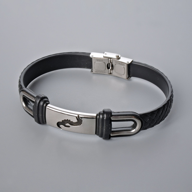 Men's bracelet with metal inserts, length 21 cm, thickness 10.5 mm, insert thickness 11 mm, black eco-leather