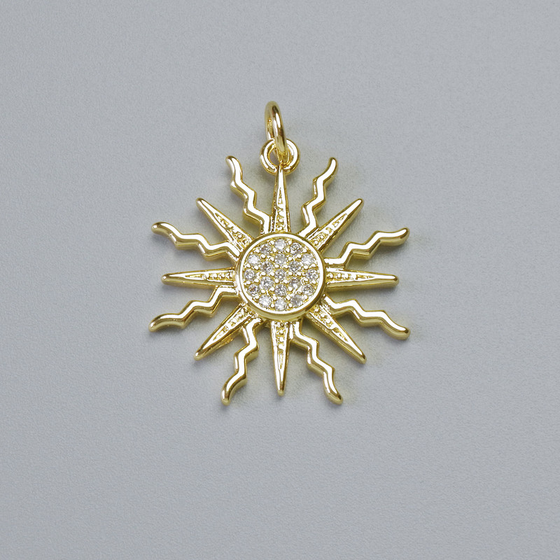 Pendant "Sun" with white rhinestones, gold-tone metal, diameter 21×20 mm+