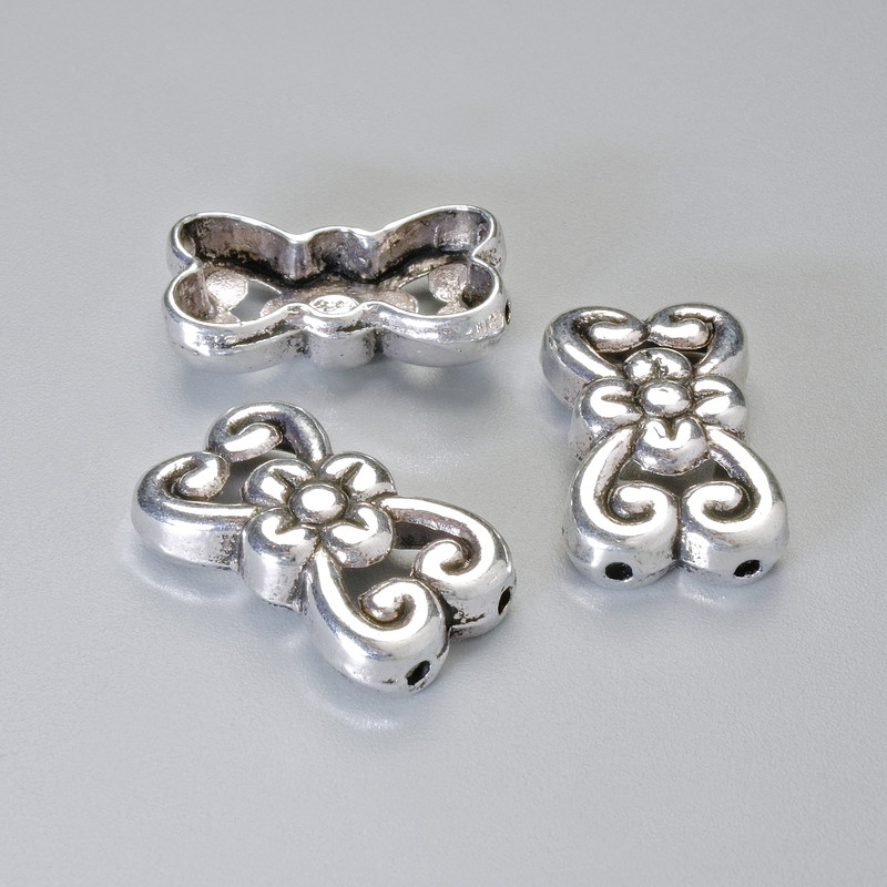 Bead-insert findings for two strands, 18.5 x 11 mm, hole diameter 1.3 mm, silver metal color, 4 pcs