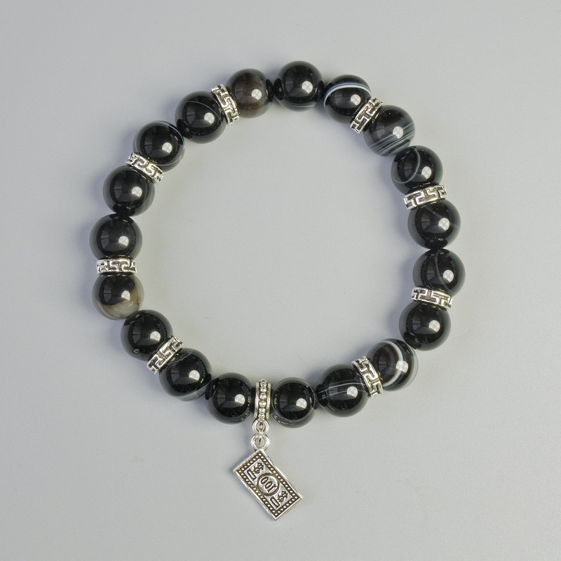 Black Agate Bracelet with Natural Stone, Smooth Beads, 10 mm Diameter ±, Stretch, Length 18 cm ±, with Metal Inserts