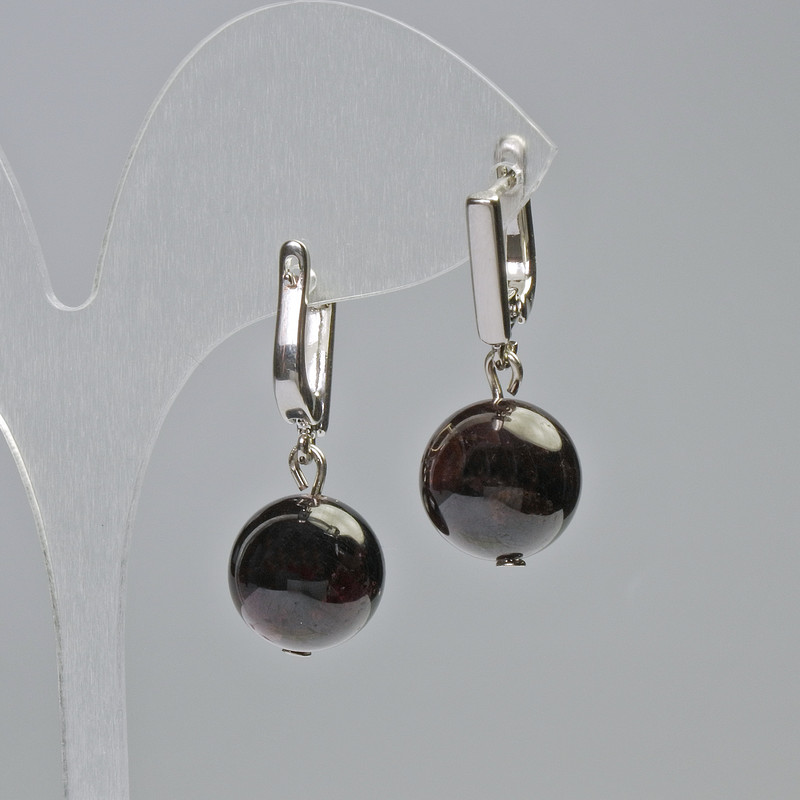 Garnet Earrings, Natural Stone, Smooth Bead, Diameter 12.5 mm ±, Length 30 mm ±, English Clasp