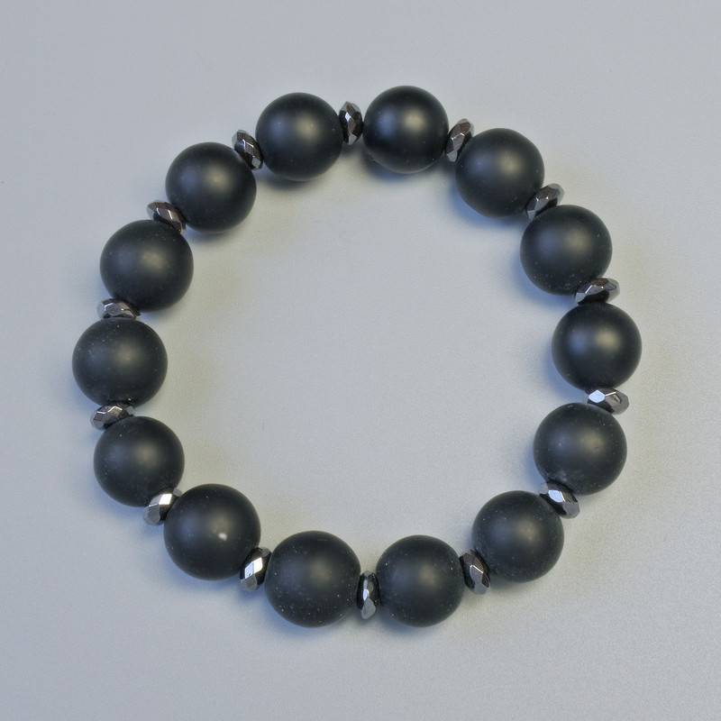 Shungite Bracelet (artificial) Smooth Bead, 12mm Diameter +/- (Stretch), Length 18cm +/- with Hematite Inserts