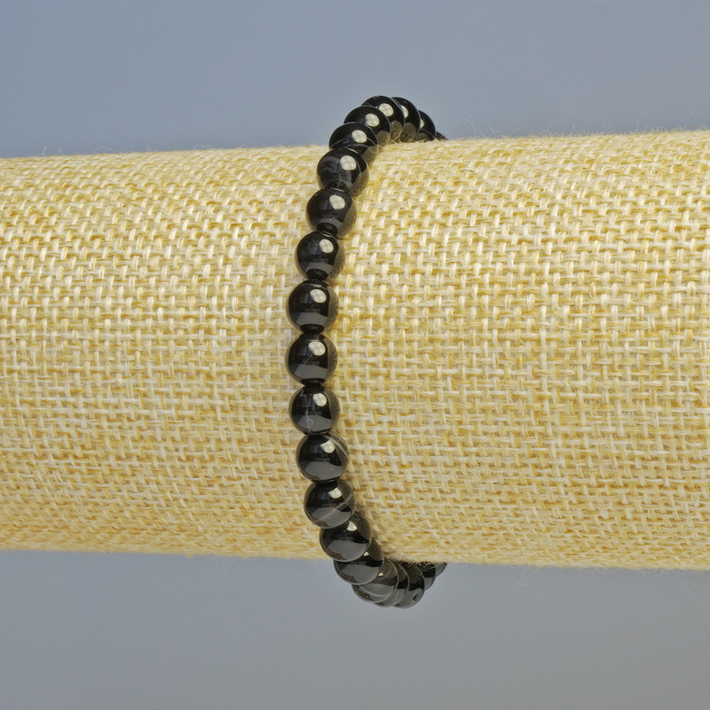 Black Agate Bracelet with natural stone, smooth beads, diameter 6 mm ± (stretch), length 18 cm+