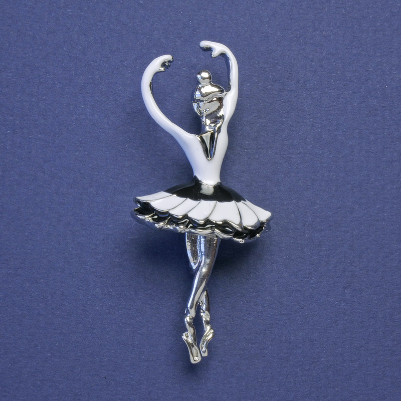 Брошка-кулон Балерина чорна біла емаль срібний колір металу 24х58мм+
