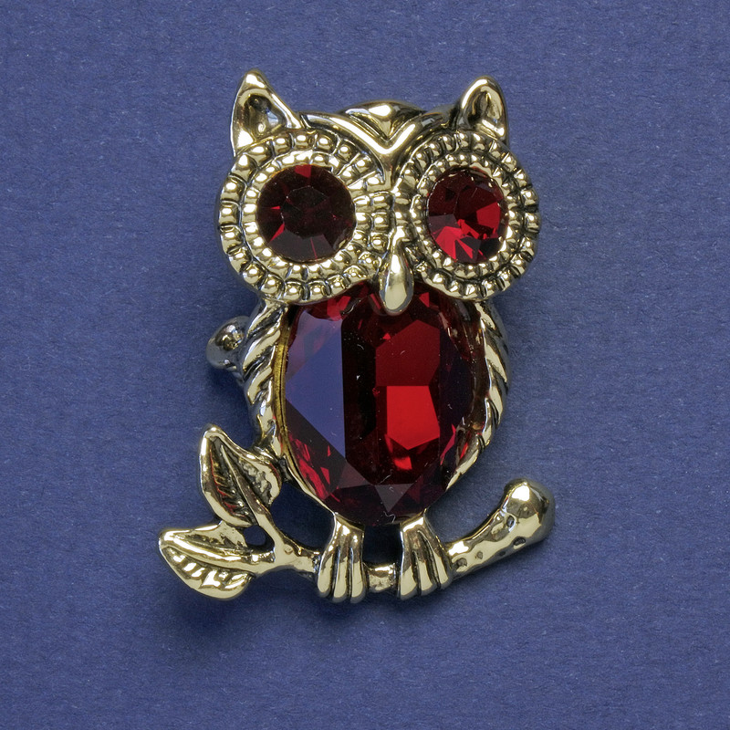 Brooch-pendant Owl with red crystals, gold-tone metal 34x25mm+
