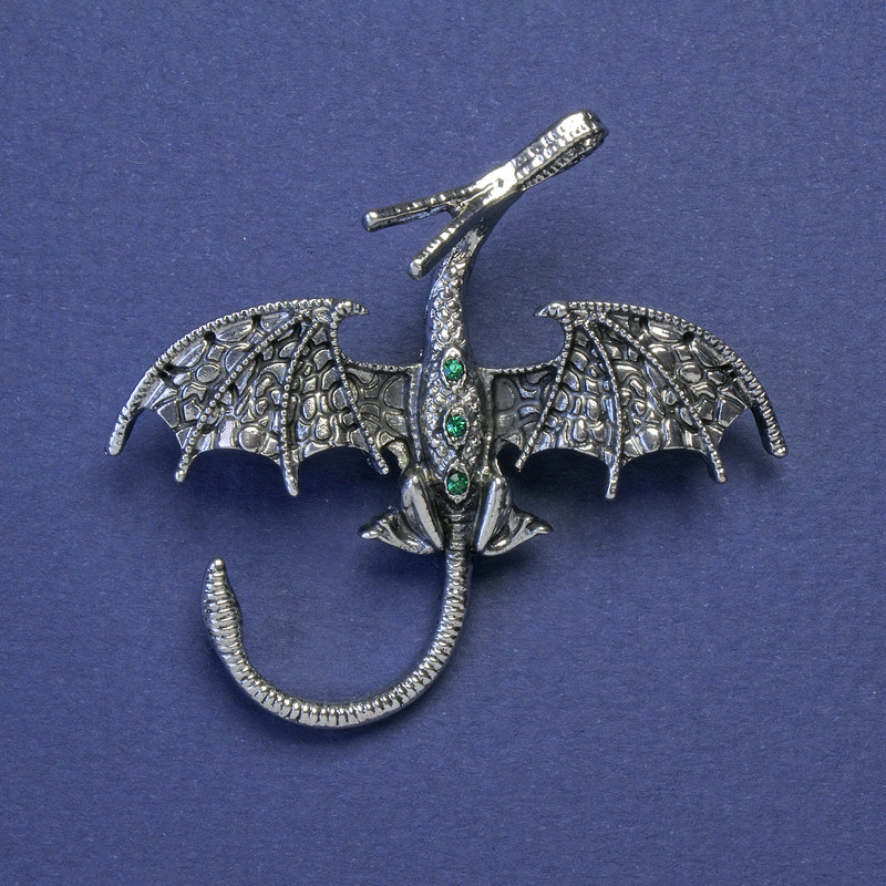 Dragon brooch-pendant with green crystals, silver-tone metal, 48×45 mm+