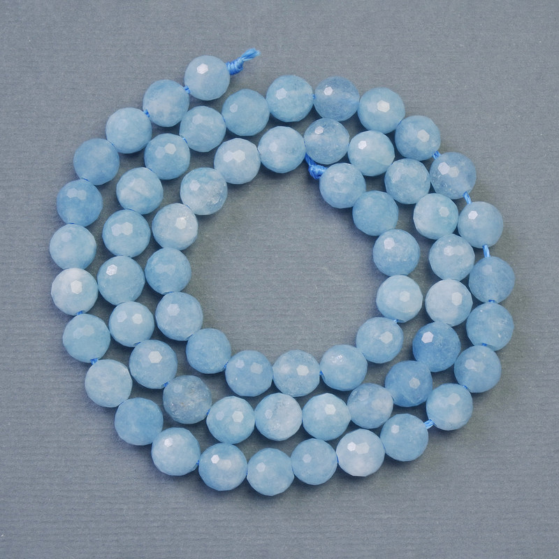 Faceted aquamarine beads, 6 mm diameter, natural stone, 37 cm length