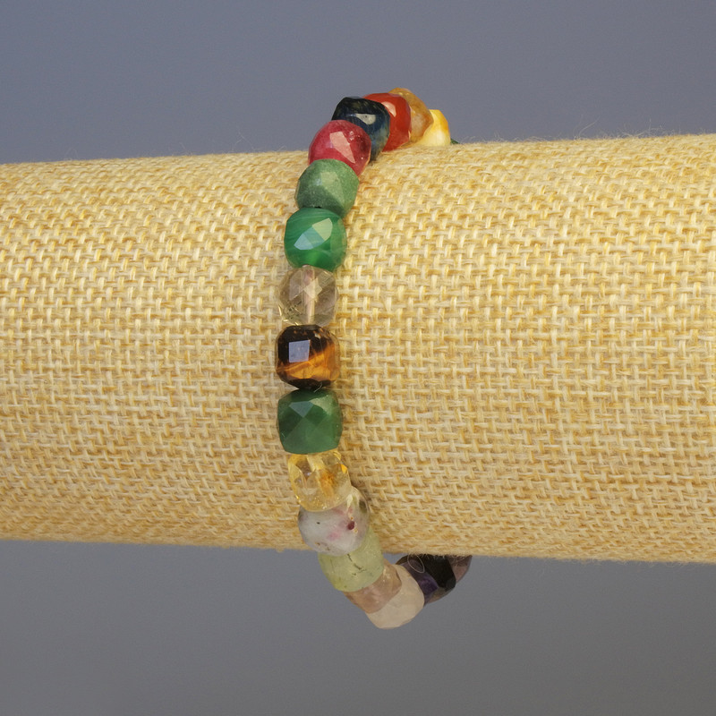 Bracelet with Assorted Faceted Stones, Cube-Shaped, 7x7 mm, 18 cm Stretch