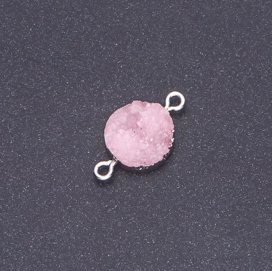 Pink Druzy Connector, Acrylic, Silver, 14 mm diameter, 3 mm length