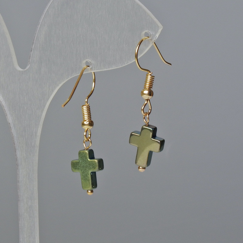 Hematite Earrings 'Cross' in green-blue color, diameter 8.5×10.5 mm, length 3 cm ±