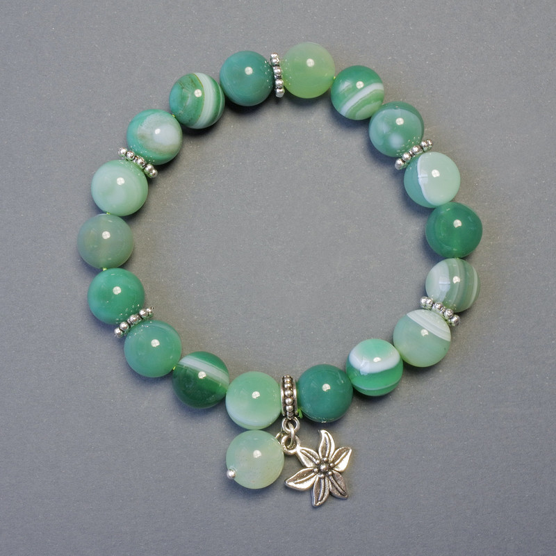 Green agate bracelet with smooth beads, 10 mm diameter, 18 cm length, stretch