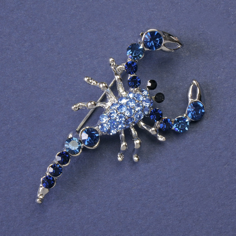 Scorpion Brooch with blue and light blue crystals, silver-tone metal, 47 x 25 mm +