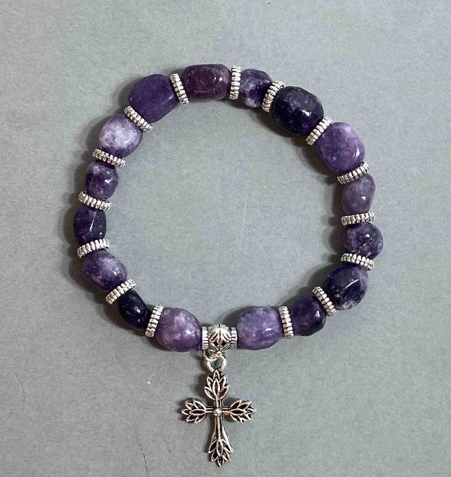 Lepidolite Bracelet, natural stone, faceted beads, 9x11 mm, length 18 cm, stretch