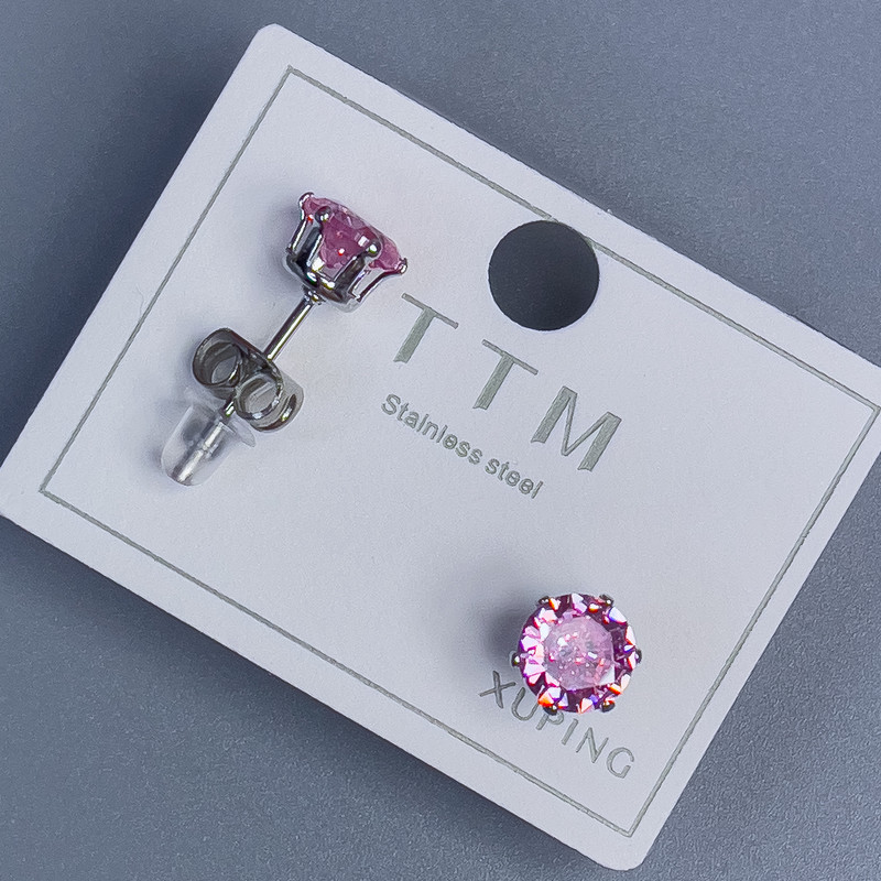 Xuping stud earrings with pink stone, rhodium-plated, 6mm