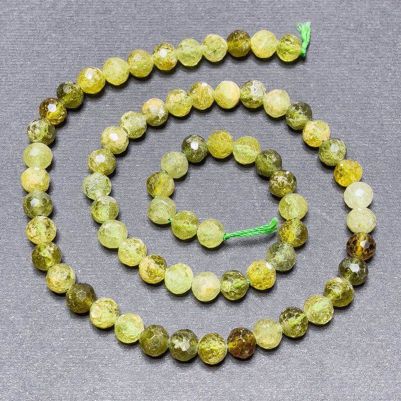 Grossular Beads (Green Garnet) on Thread, Faceted Ball, 6 mm diameter ±, length 39 cm