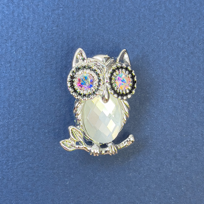 Brooch-Pendant Owl with Crystals, Silver-Toned metal, diameter 18mm, length 27mm