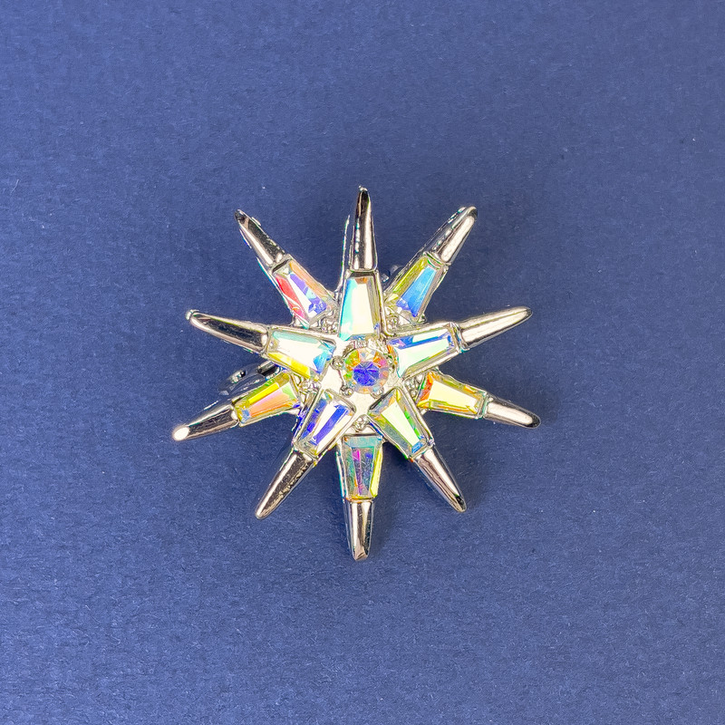 Star Brooch with Rainbow Rhinestones, Silvered Metal 30mm+